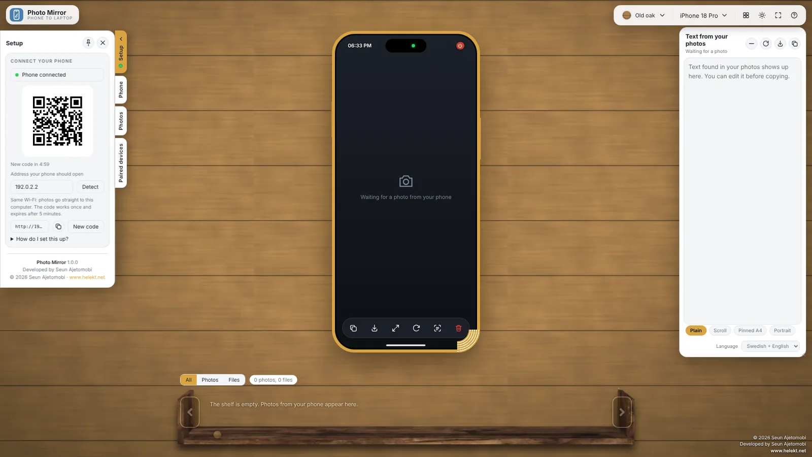 Setup panel with a QR code and the text 'Phone connected'