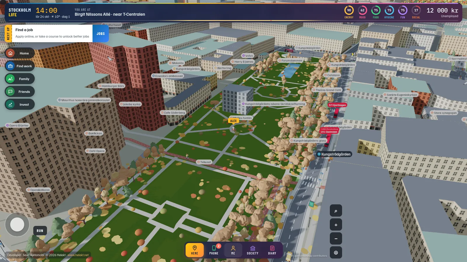 Stockholm Life: Kungsträdgården in 3D, with the park, buses on Hamngatan and the buildings around it.